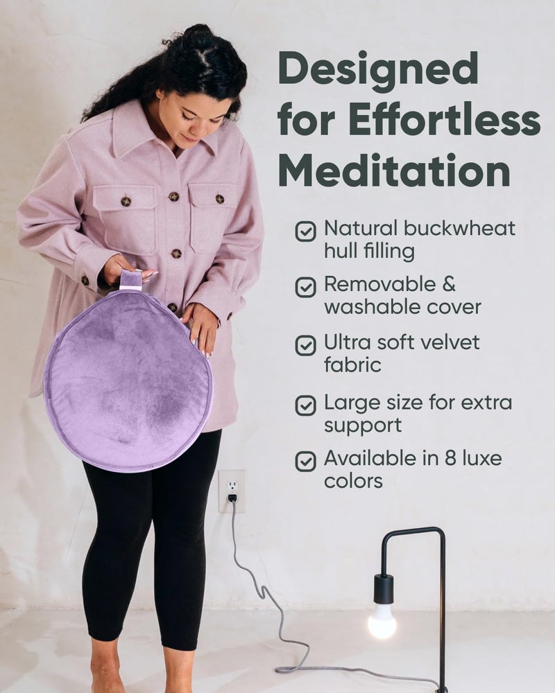 Mindful Modern وسادة تأمل من المخمل العصرية والواعية | وسادة زافو فاخرة لليوغا | دعم الوضعية | مملوءة بقشور الحنطة السوداء | وسادة دائرية كبيرة | غطاء قابل للإزالة والغسل + مقبض حمل | لون بنفسجي - Image 4